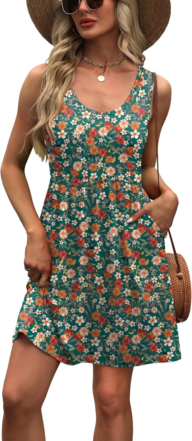 Thumbnail 3 de WIHOLL Women's Summer Dress 2026: A-Line Sleeveless Sundress with Pockets (Floral/Solid)