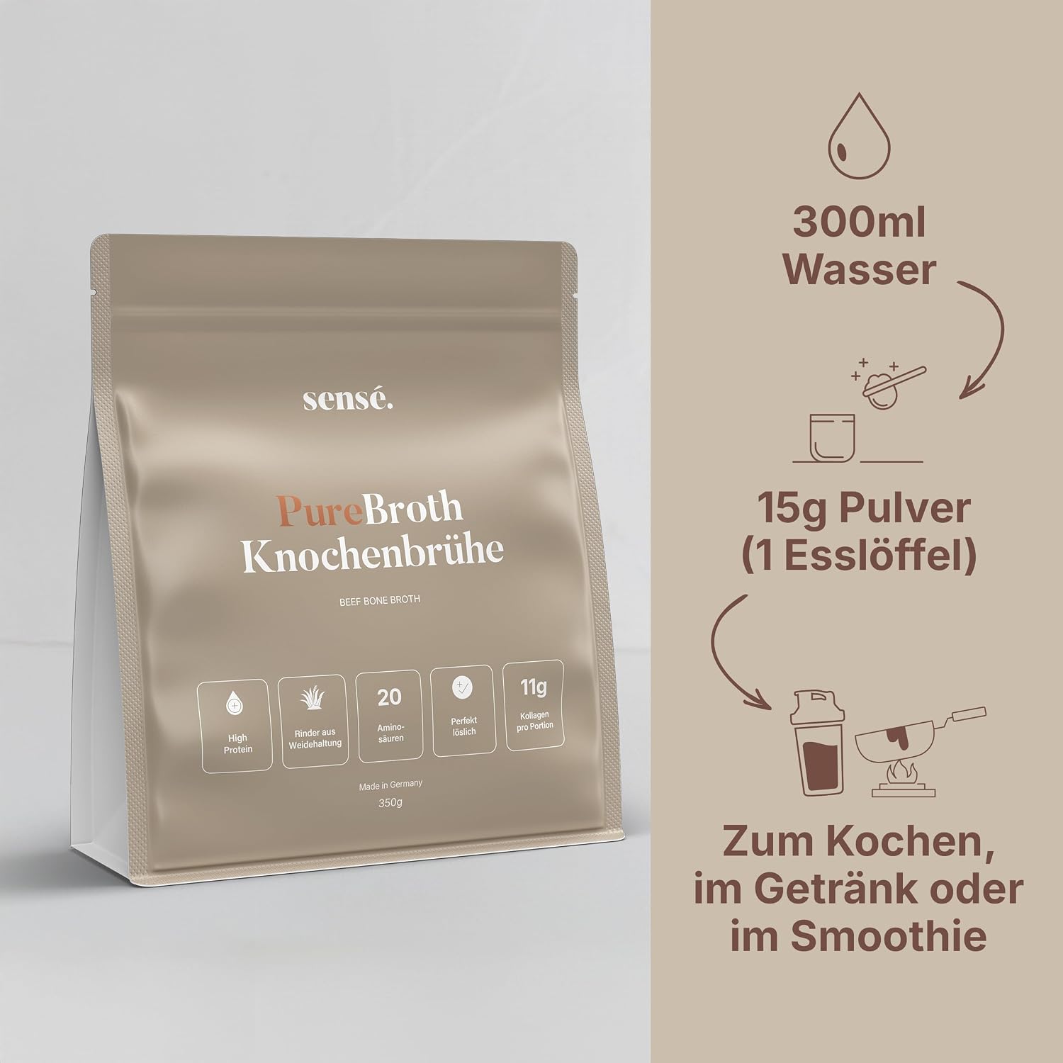 Thumbnail 5 de sensé Knochenbrühe Pulver vom Weiderind – Bioaktiv, 350 g, Kollagen Typ 1, 2 & 3
