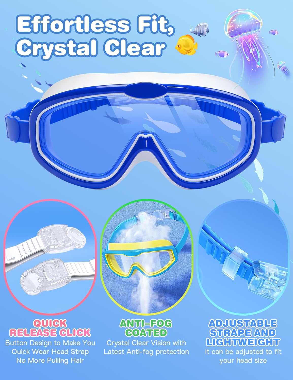 Detalle de FUSHI&MON Kids Swim Goggles (2 Pack) – Clear Vision, Soft Silicone Comfort and Leak-Proof Fit