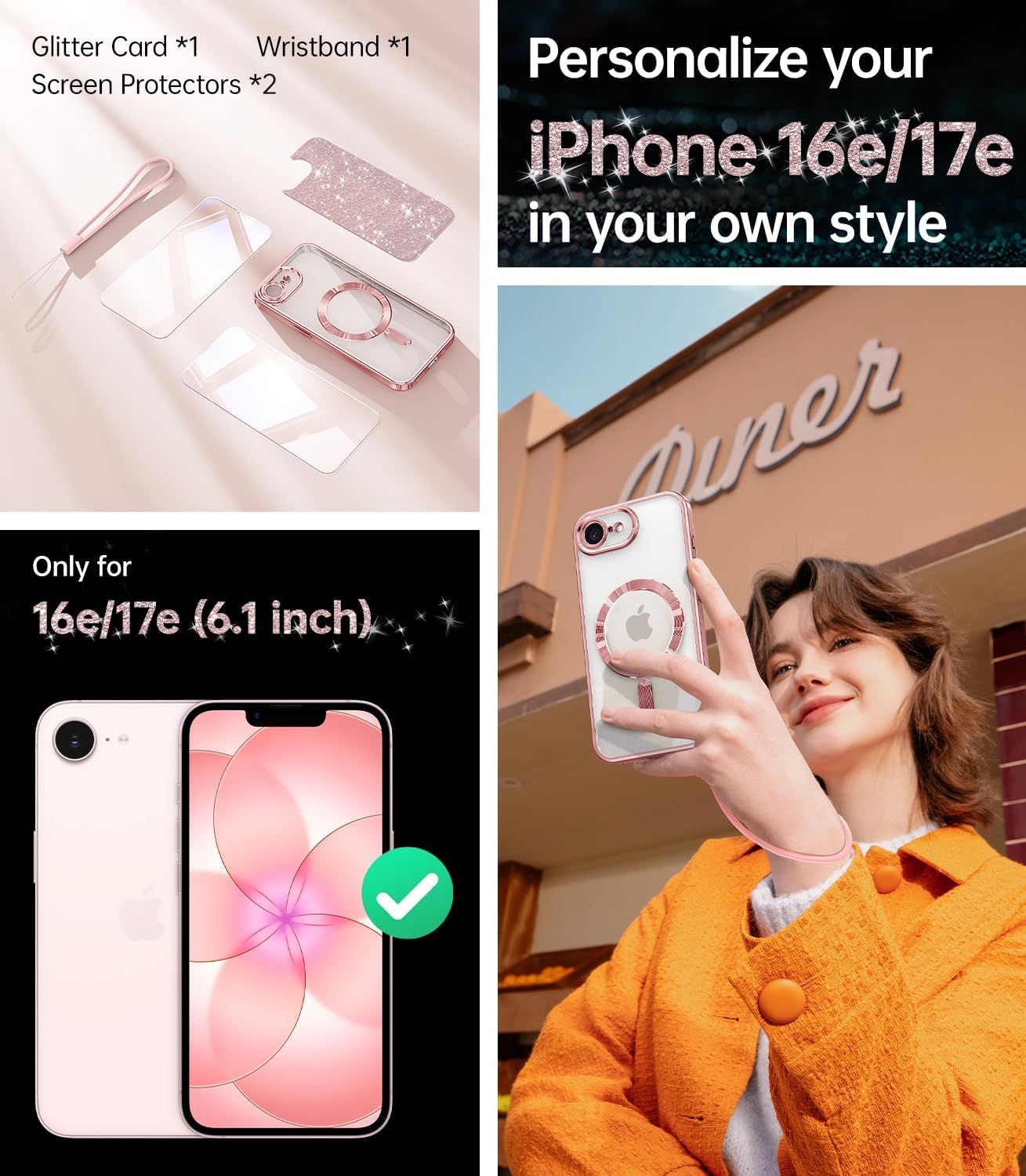 Thumbnail 1 de Meifigno Designed for iPhone 17e/16e Case (6.1") with MagSafe, Glitter Card & Wrist Strap, Rose