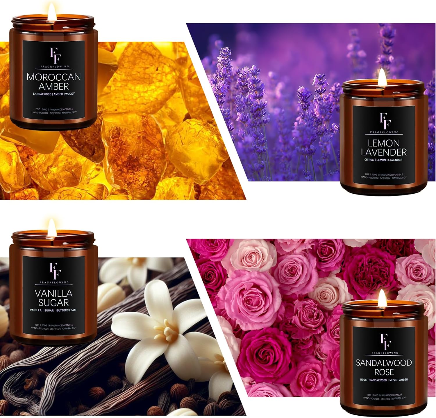 Detalle de Scented Candles for Home: 4-Pack Soy Wax Aromatherapy Candle Gift Set (Lavender/Vanilla/Sandalwood Rose/Moroccan Amber)