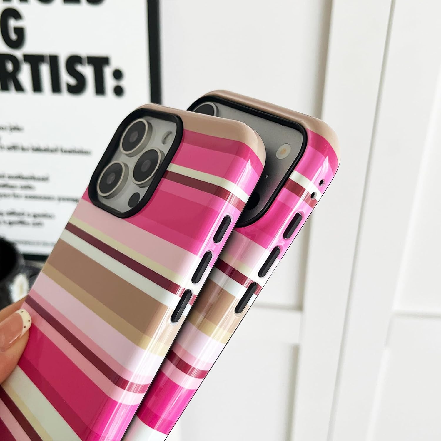 Thumbnail 6 de Sayoaho iPhone 16 Pro Case, Pink Striped Retro Design, TPU Edge and PC Back