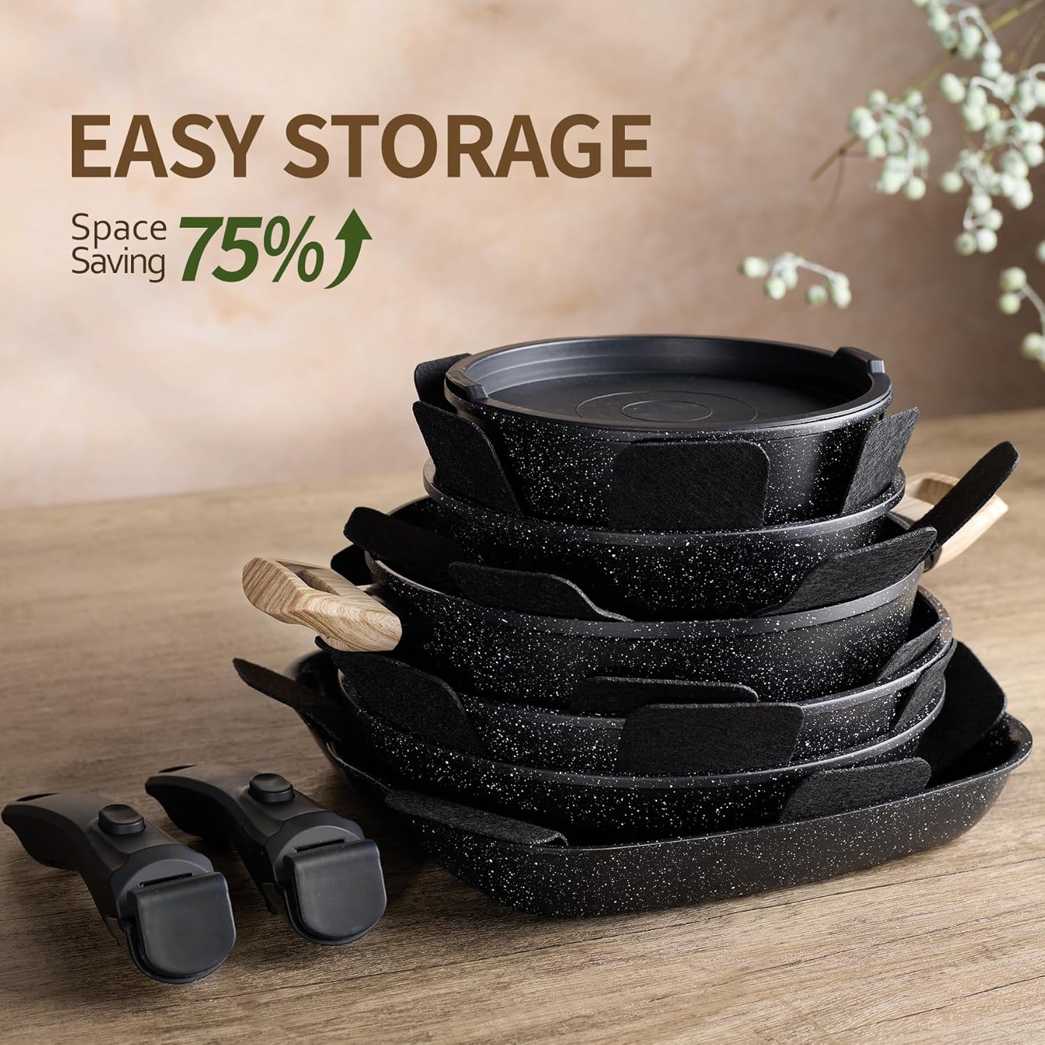 Thumbnail 5 de BECIGAR 23-Piece Ceramic Nonstick Pots and Pans Set with Detachable Handle (Induction-Compatible, Oven-Safe) — Black