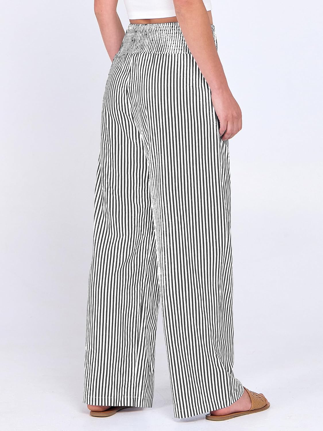 Detalle de ANRABESS Palazzo Pants with Gingham Stripes: Wide-Leg, High-Waisted Lounge Pants with Pockets