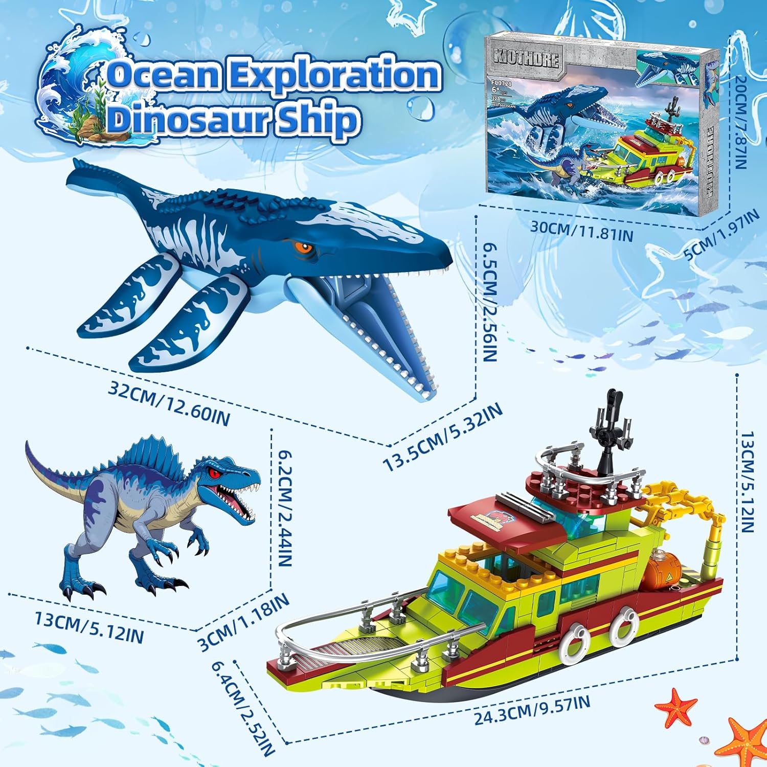 Thumbnail 6 de 3 IN 1 Ozean Explore Dinosaurier-Bauspielzeug mit Forschungsschiff, Mosasaurus & Spinosaurus (327 Teile) – für Kinder 6–12 Jahre