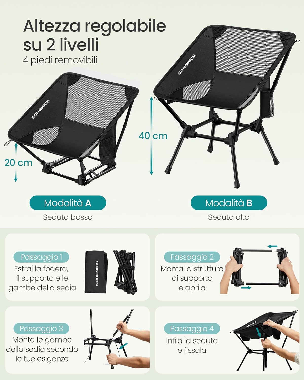 Detalle 2 de SONGMICS Sedia da Campeggio GCB050BZ01: sedia da esterno pieghevole in acciaio, altezza regolabile
