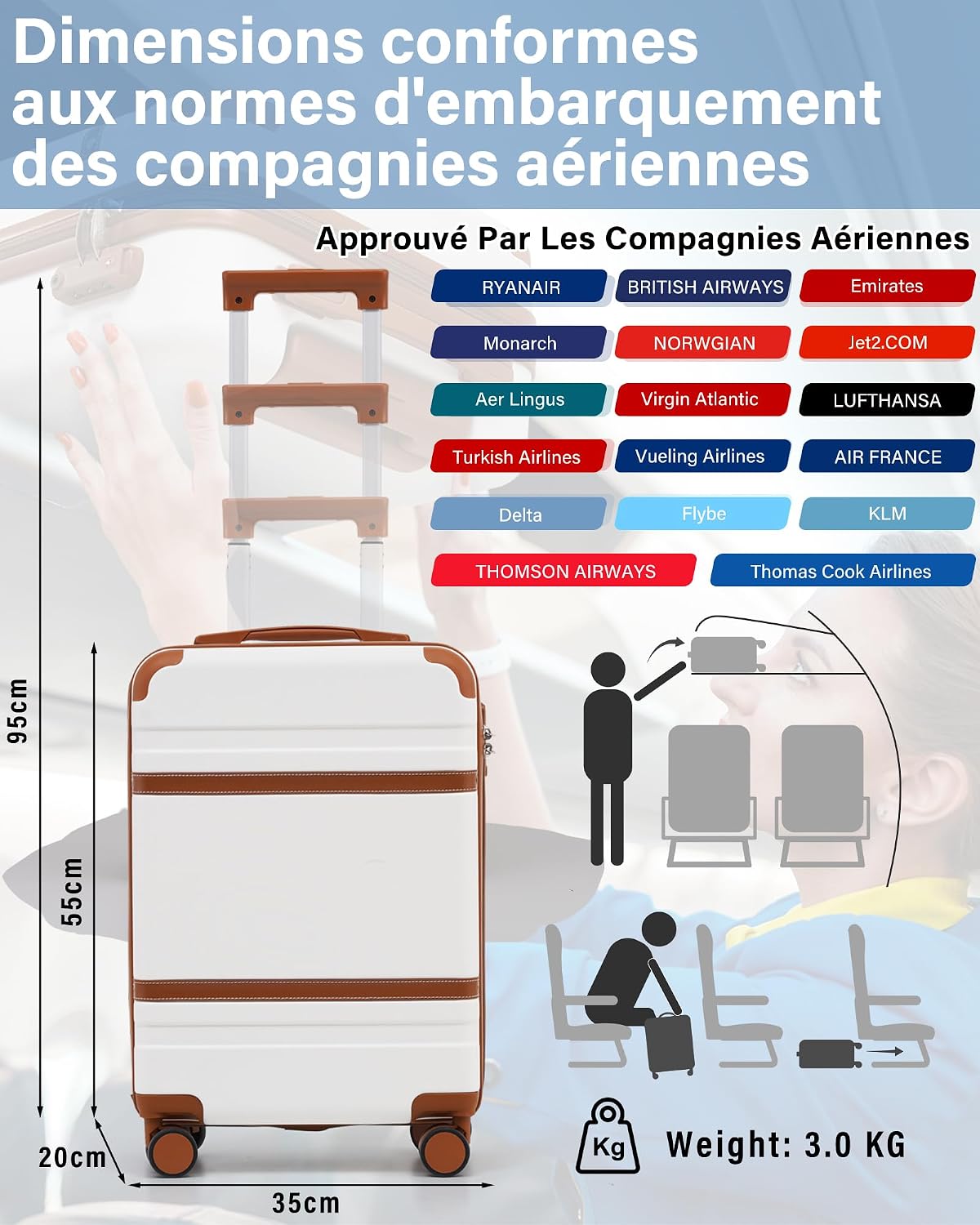 Detalle de Coolife Valise cabine 55x35x20 cm – bagage cabine rigide PC+ABS compatible Ryanair et EasyJet