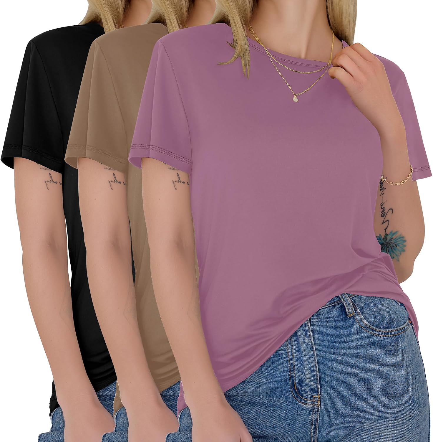 Detalle de GAYHAY 3-Pack Women’s Short-Sleeve T-Shirts (Crew Neck) — Soft Basic Tees for Everyday Wear