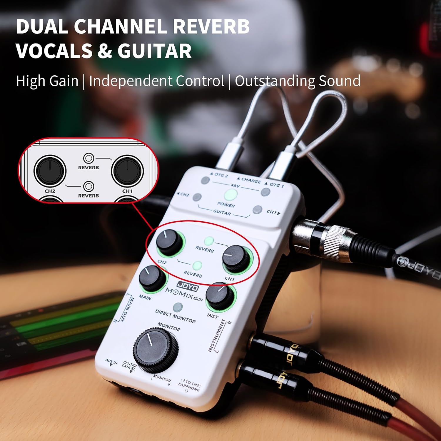Detalle de JOYO MOMIX-Pro Portable Audio Mixer with 48V Phantom Power and Dual OTG