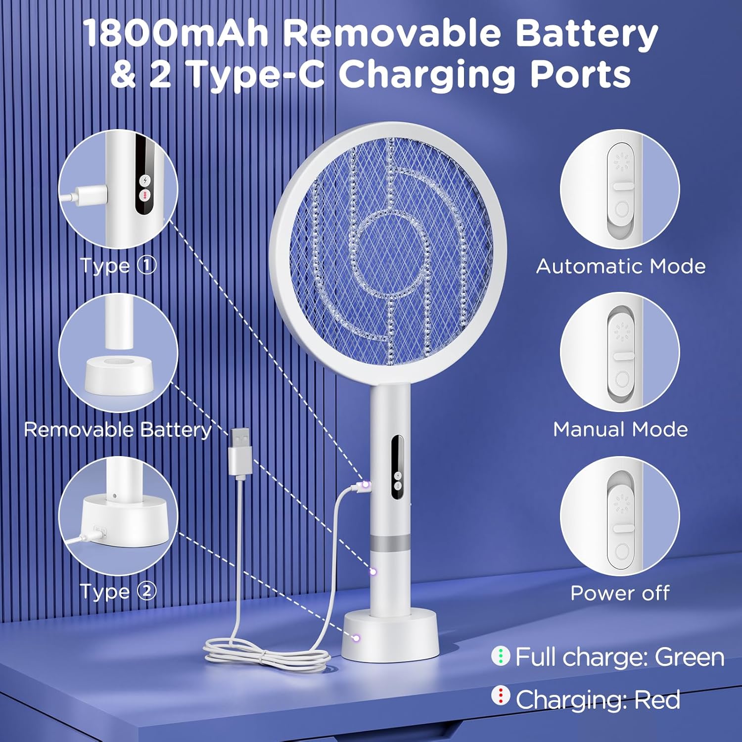 Detalle de BKXCHA 2 en 1 Raquette Électrique Insectes, 4000V – Moustique, 1800mAh, USB Rechargeable, 3 couches de protection