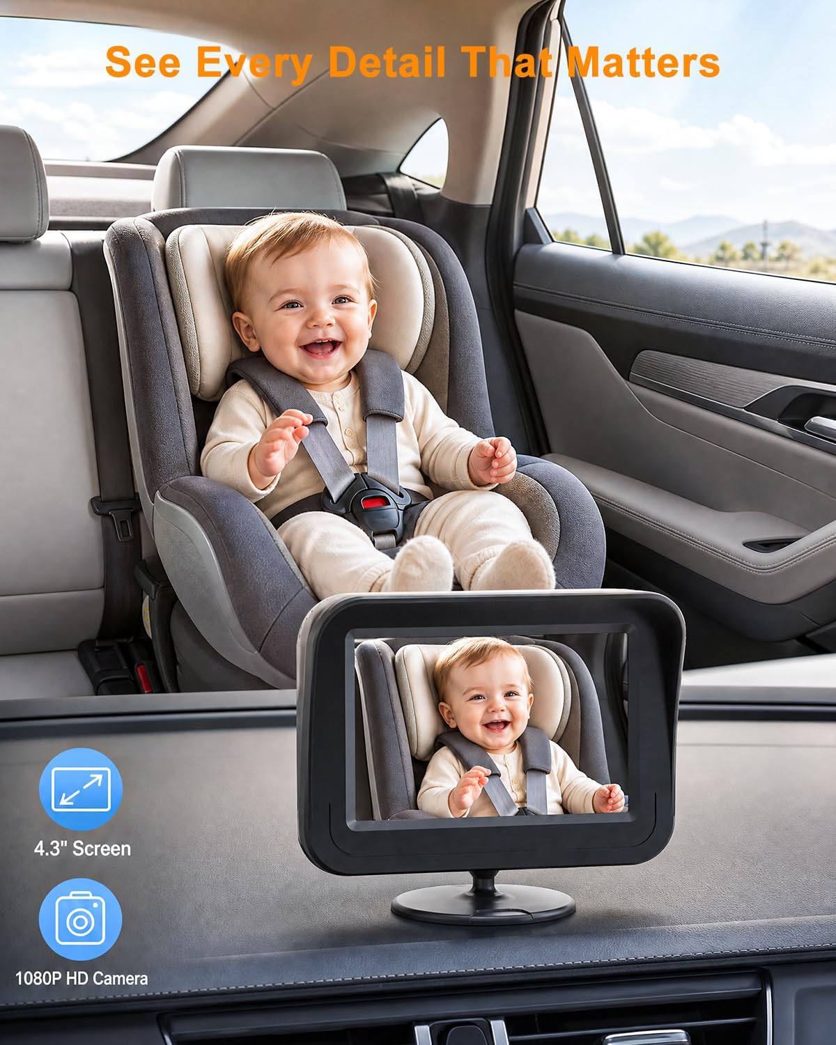 Detalle de CUKIY 008 Baby Car Camera, 1080p Wired Monitor with 150° View