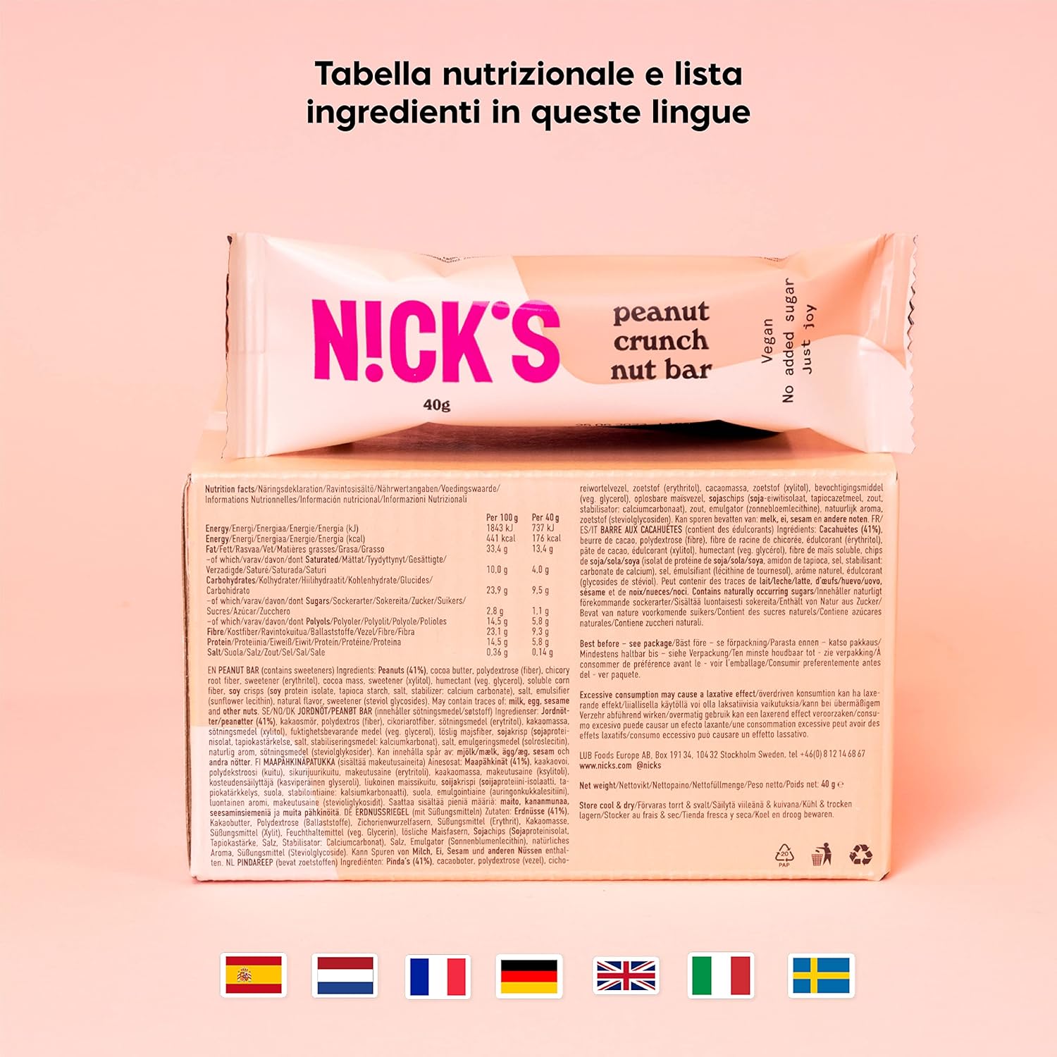 Thumbnail 6 de NICKS Keto Nut Bar Peanut, barretta vegana di arachidi con cioccolato cheto senza zuccheri aggiunti (12x40g)