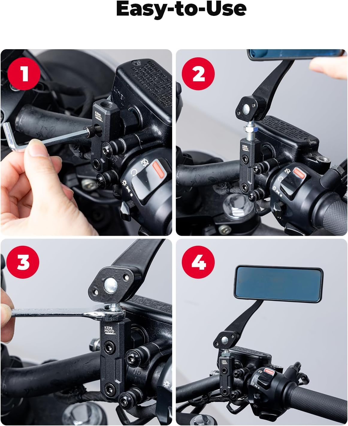 Detalle de KEMIMOTO supporti specchietti moto 10 mm, 2 pezzi con morsetti adattatori per manubrio da 22 mm