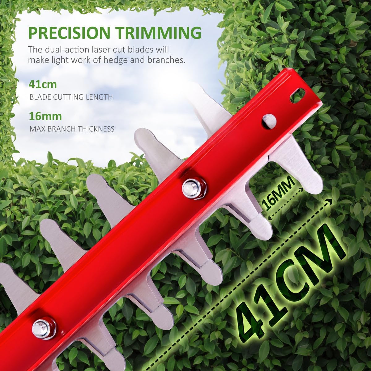 Detalle de NETTA Cordless Hedge Trimmer & Tree Trimmer (Ultra-Light 2kg) with 450mm Laser Blade, 16mm Tooth Opening