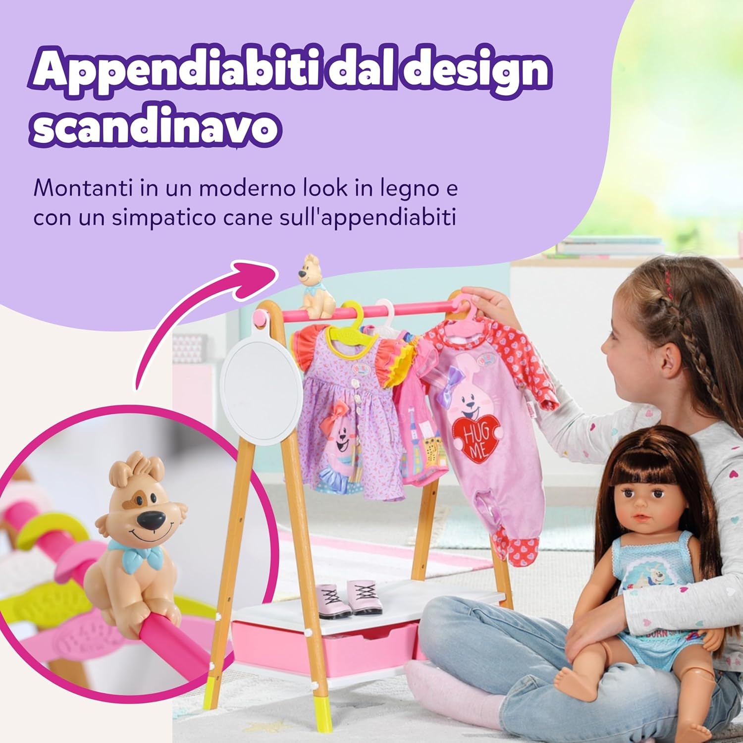 Thumbnail 1 de BABY born 830000 Appendiabiti – Appendiabiti in legno con Specchio, 3 ganci e 2 cassetti per bambini dai 3 anni