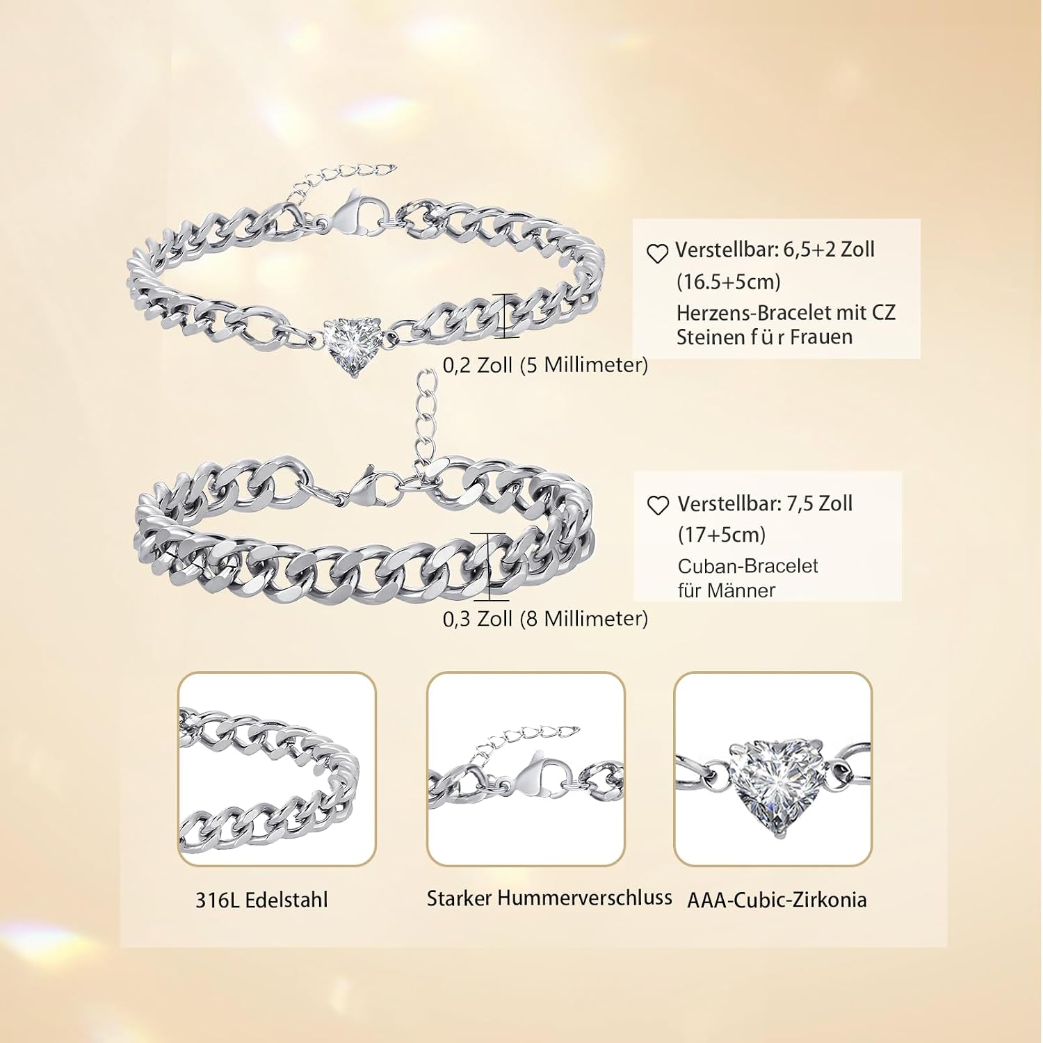 Detalle 2 de Fehki Partnerarmband Edelstahl 316L 17 cm
