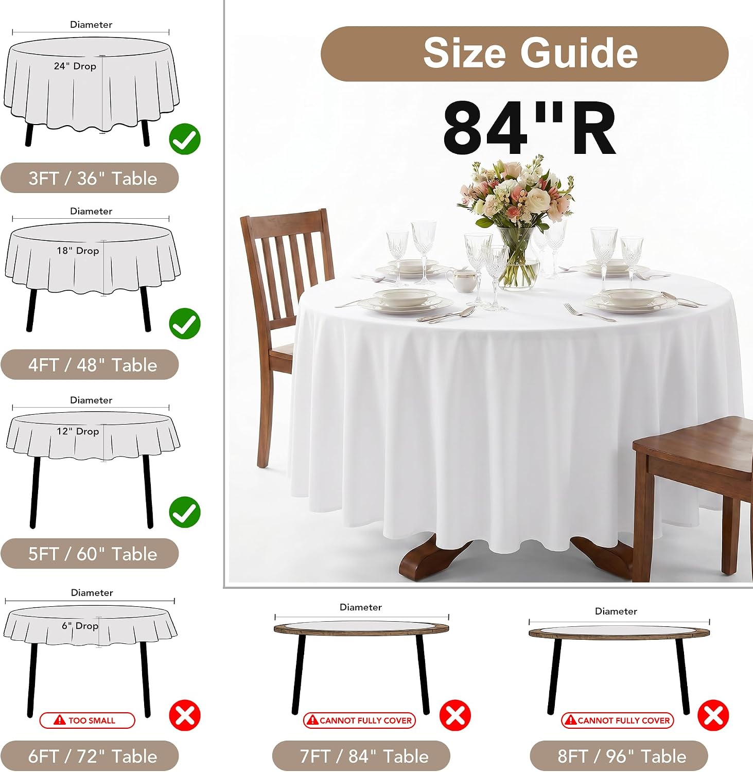 Detalle 2 de Fitable 84 Inch Round Tablecloths 8-Pack
