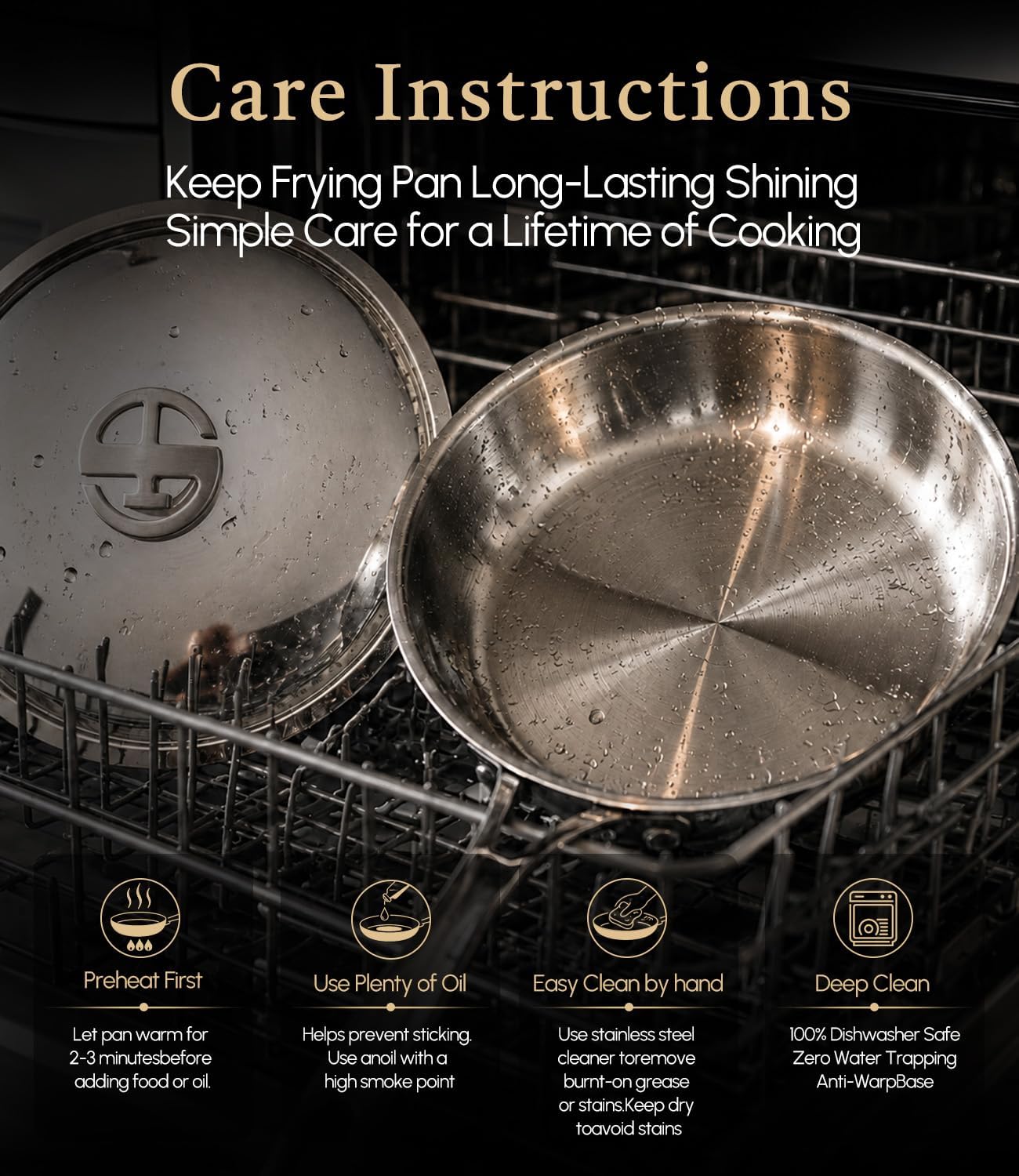 Detalle 2 de Lebof 12 Inch Stainless Steel Pan with Lid (5-Ply Clad Base) — 800℉ Safe Frying Pan for Induction, Gas, Electric & Oven