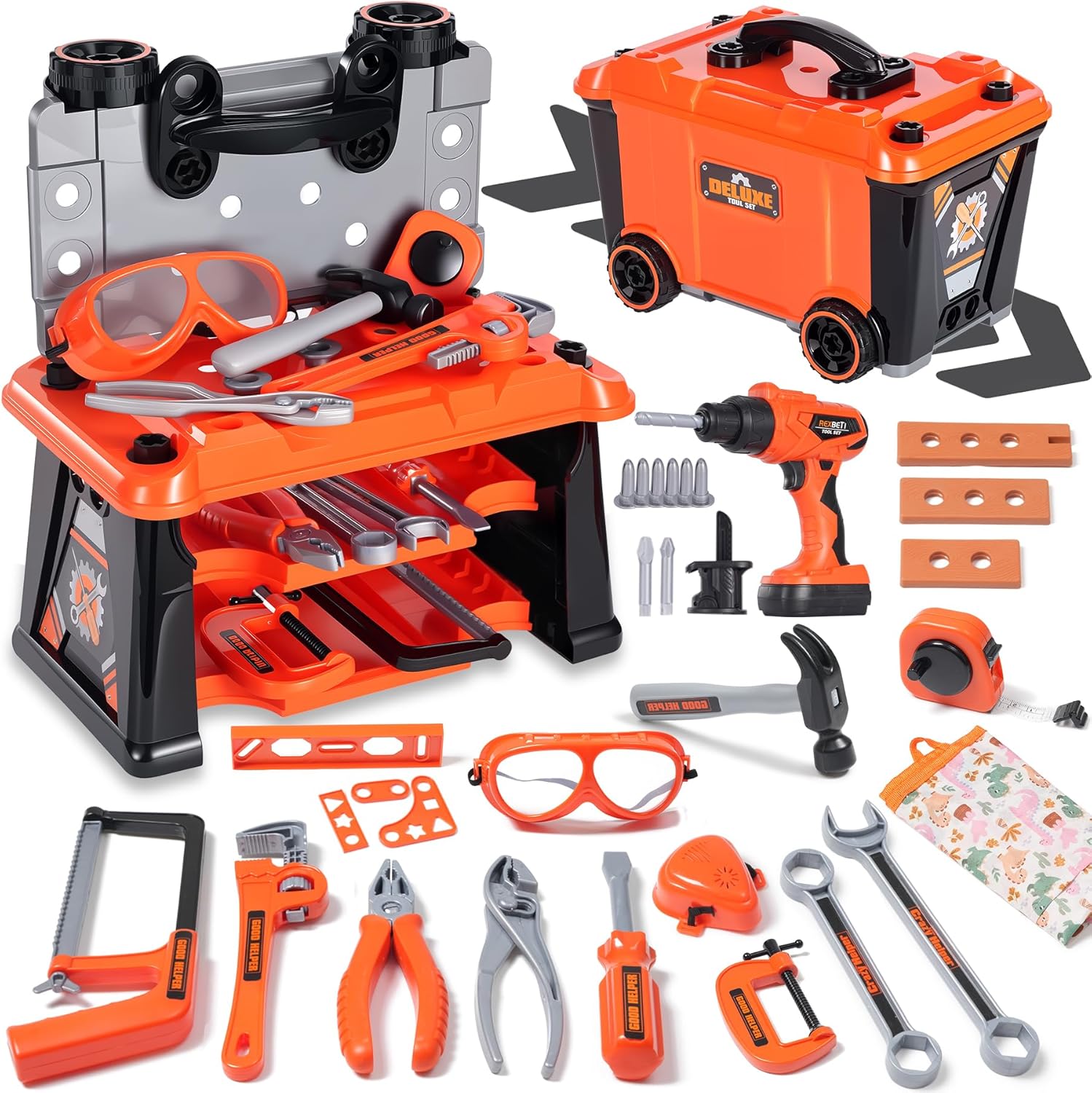 REXBETI Kids Tool Set with Box and Electronic Toy Drill (Pretend Play Workbench, Ages 3–8)