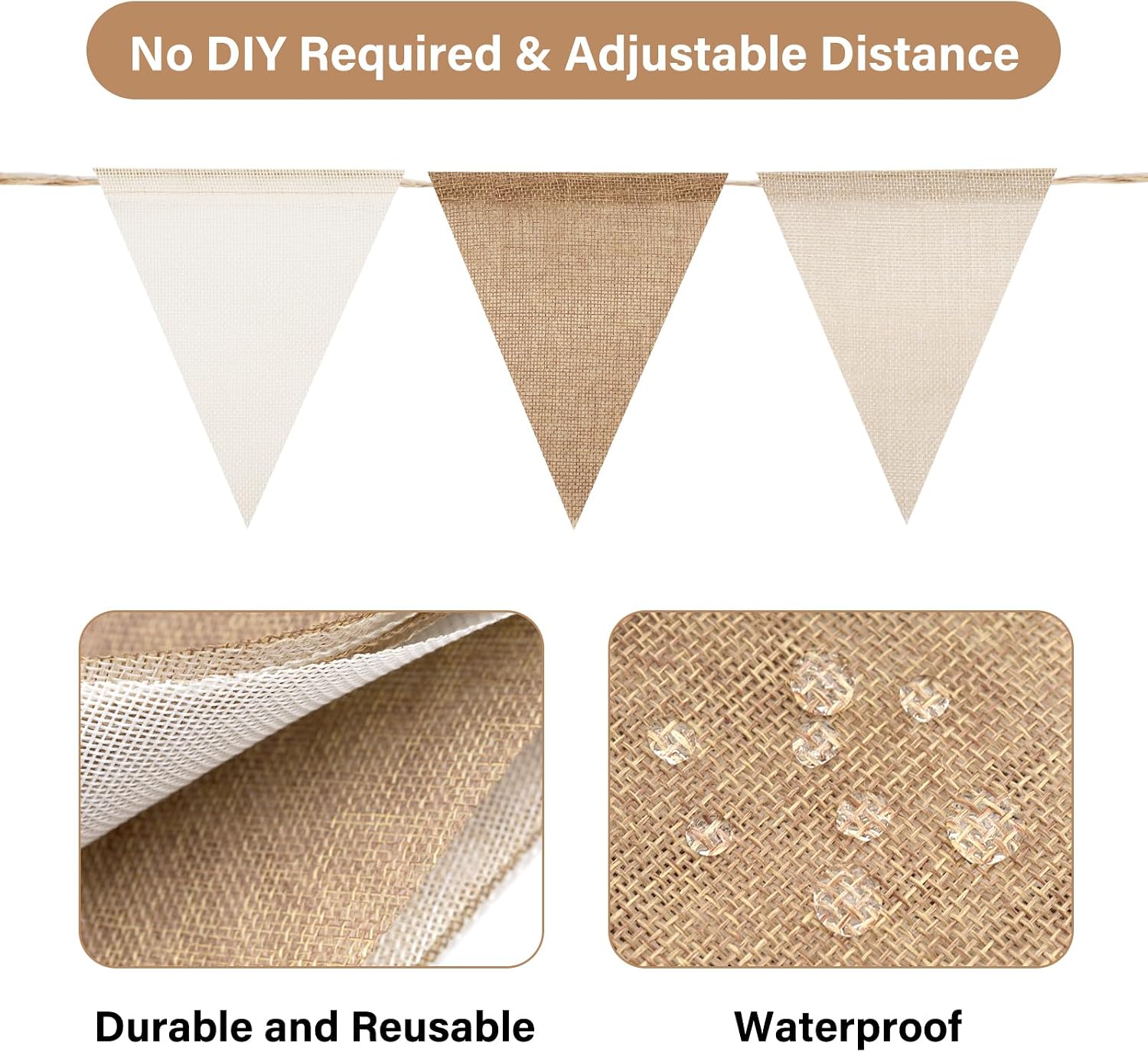Detalle 2 de jijAcraft Pre-strung Beige Brown Burlap Bunting — 60-Flag, 20m Hessian Banner for Indoor/Outdoor Decor