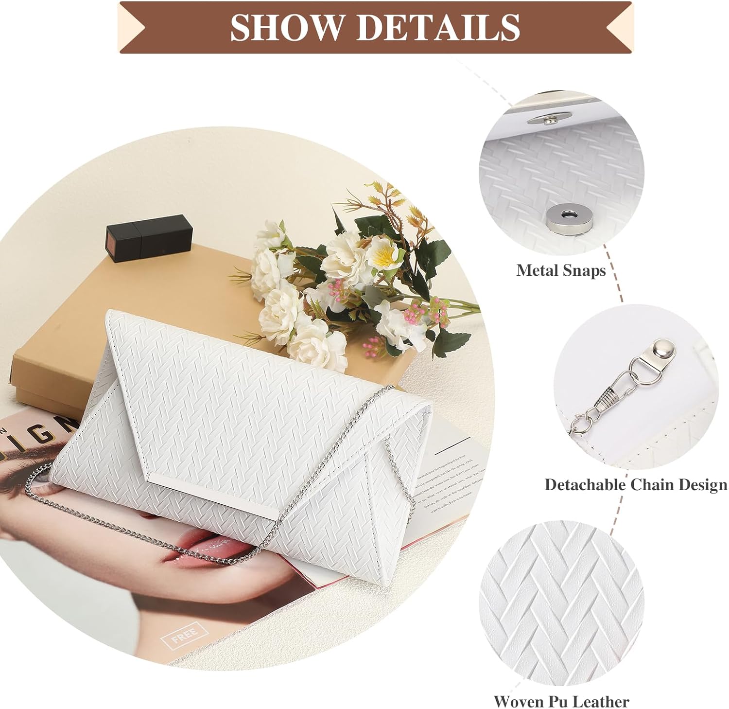 Detalle 2 de BAIGIO Sac de Soirée Élégant en Cuir PU – Pochette polyvalente pour Mariage et Fête