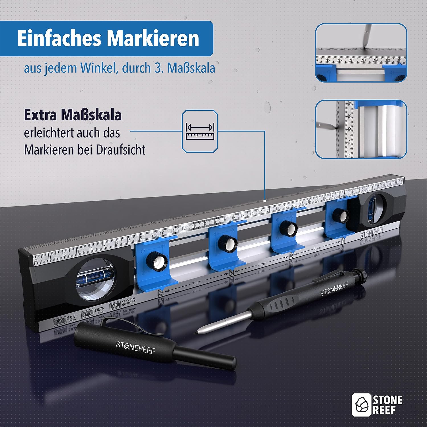 Detalle de Elektriker Wasserwaage 40 cm – Präzisions-Wasserwaage für Steckdosen & Renovierung mit verschiebbaren Bohrlöchern