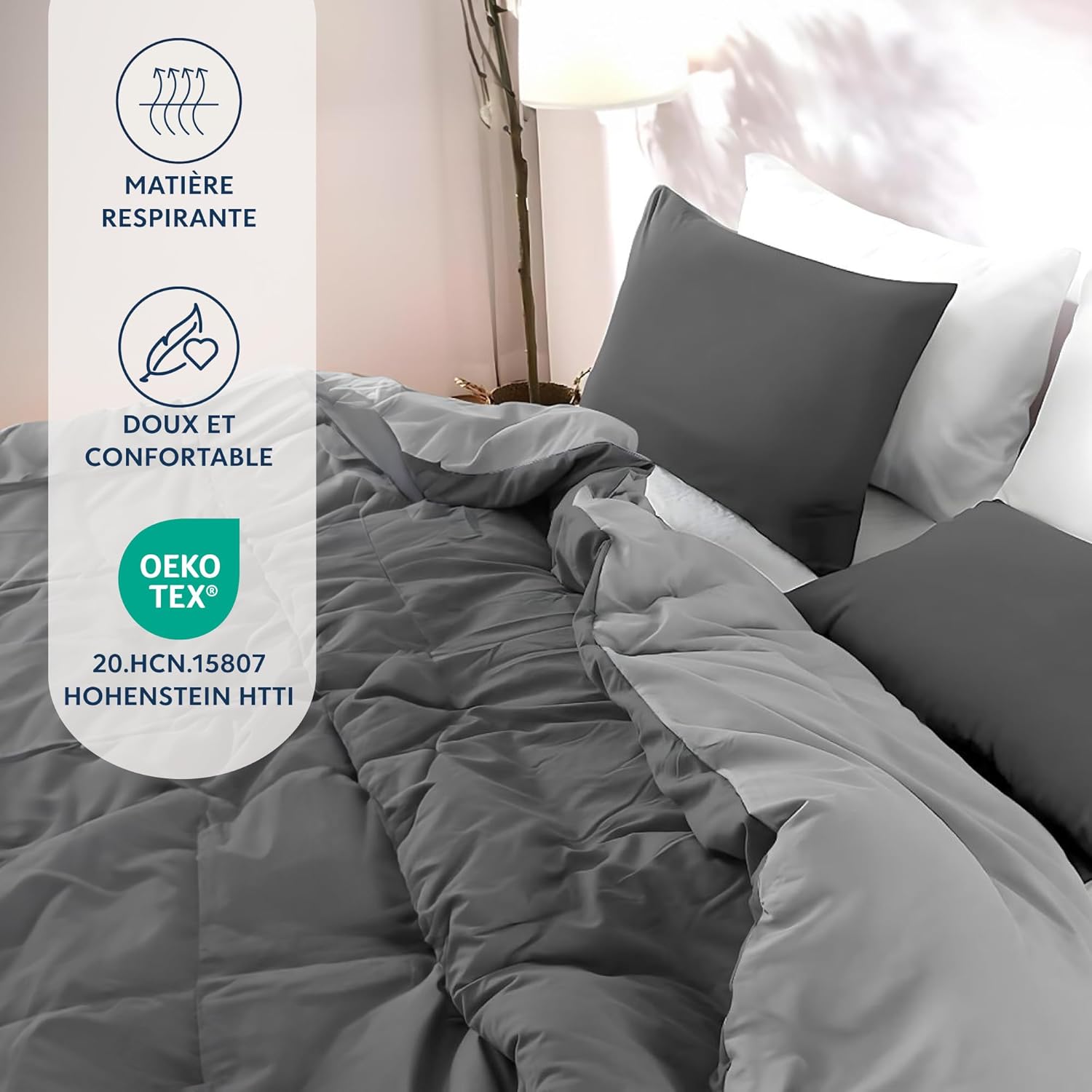 Thumbnail 1 de Dreamzie Parure de lit 240x220 cm en microfibre (grande housse + 2 taies 65x65) gris foncé/gris clair