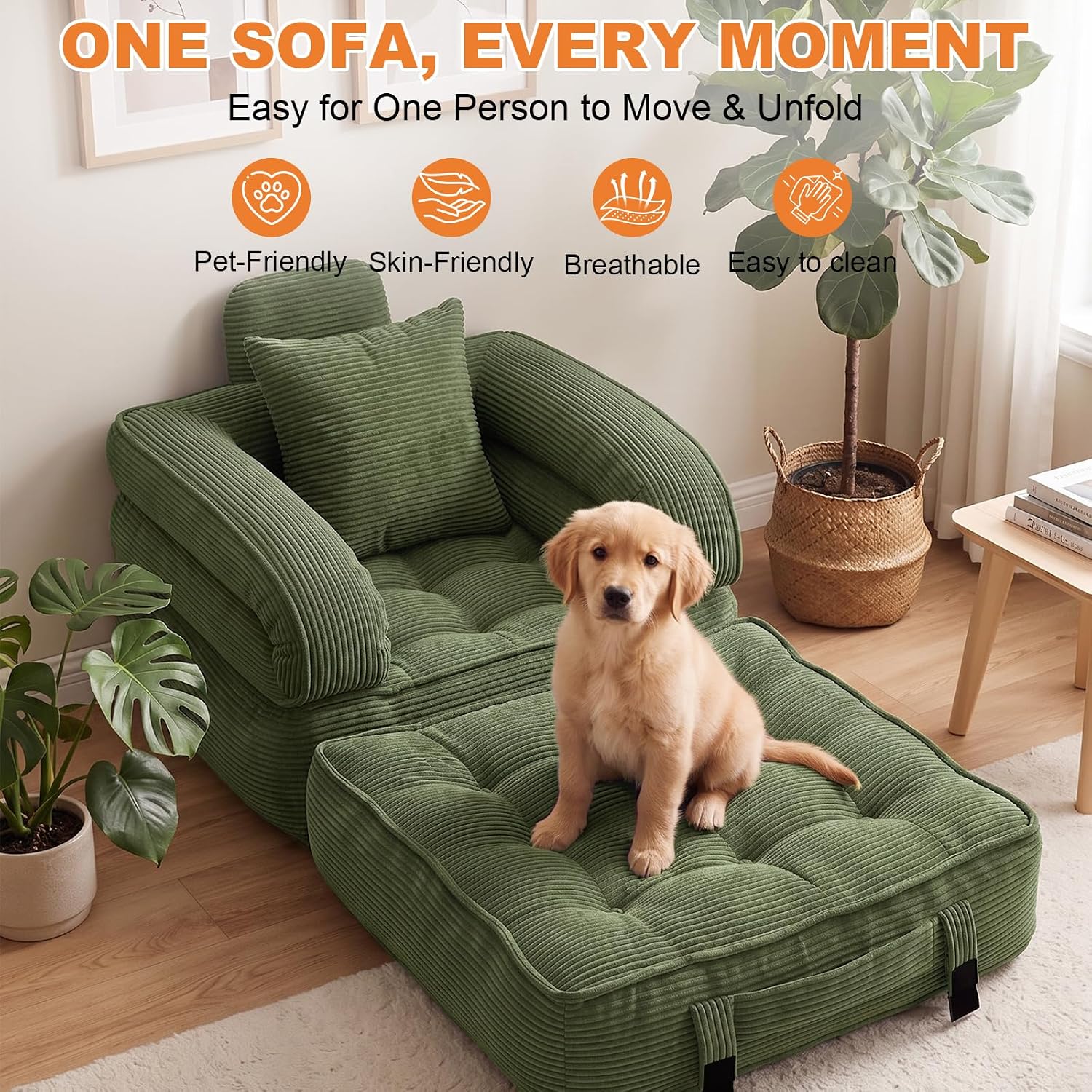 Detalle 2 de CUBIOU Y8022-Dark Green Convertible Sofa Bed, Corduroy 3-in-1 Floor Chair