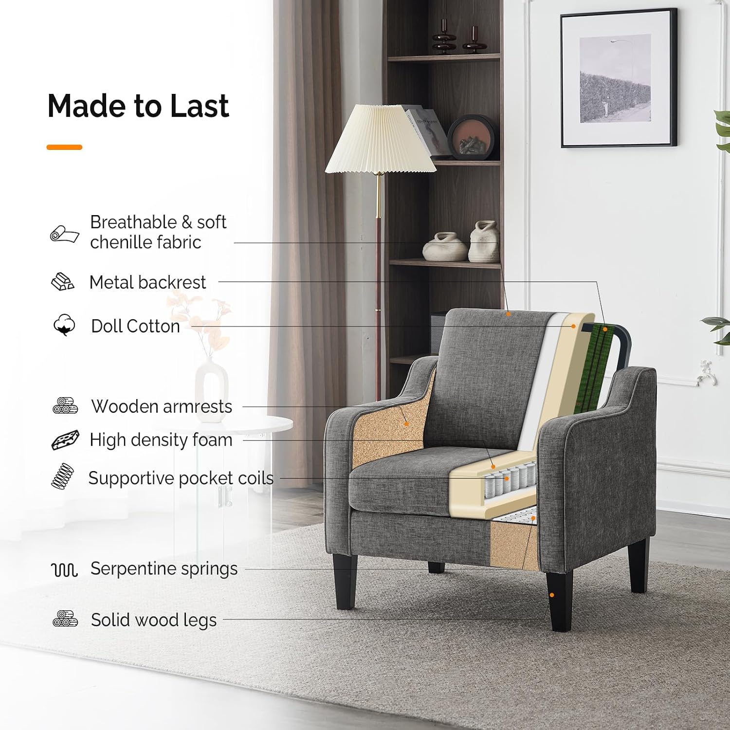 Thumbnail 5 de VINGLI Accent Chairs for Living Room: Mid-Century Modern, Soft Chenille, Light Grey