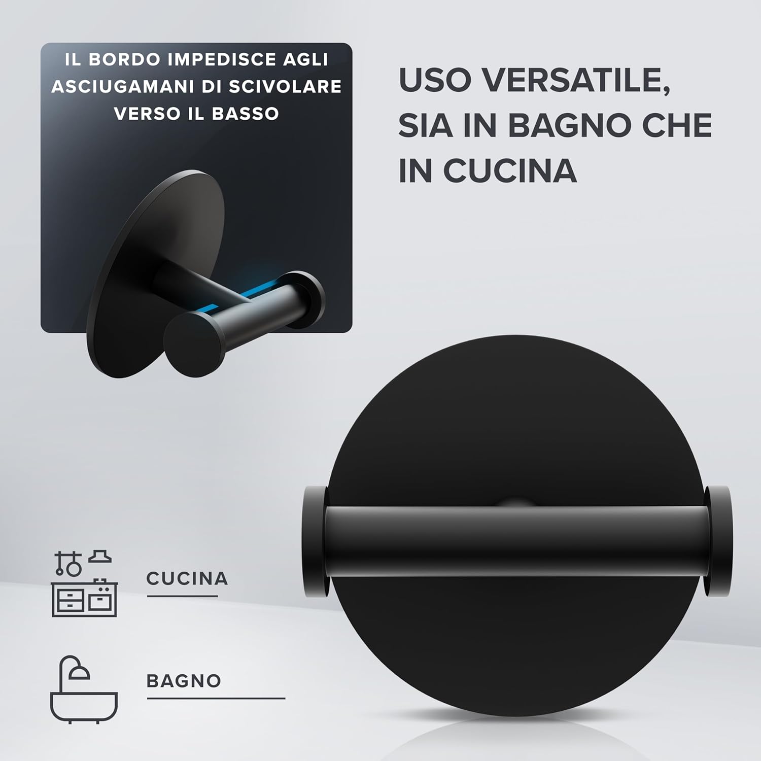 Thumbnail 1 de Gancio doppio per asciugamani Vigra di Ovimar: installazione adesiva in acciaio inox nero opaco