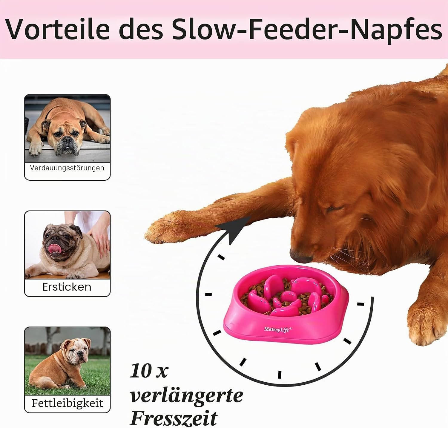 Detalle de Mateeylife Hundenapf – Anti-Schling Slow Feeder für mittelgroße bis große Hunde (Rosenrosa, 1 Stück)