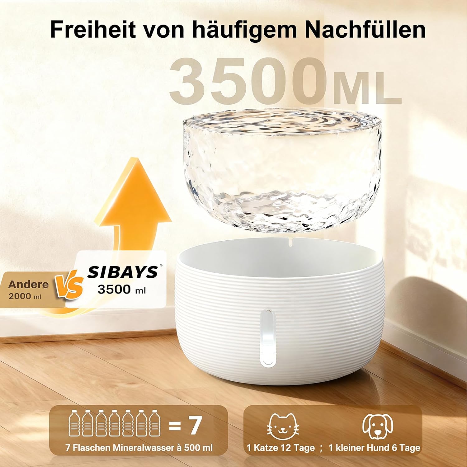 Detalle 2 de SIBAYS Katzen-Trinkbrunnen mit 3,5 l, ultraleiser Pumpe (<25 dB) und LED-Fenster (FS77, BPA-frei)