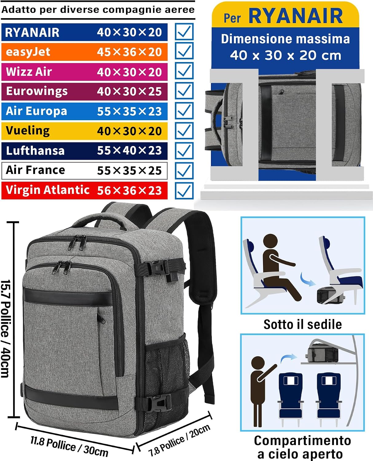 Detalle de KLOSTAIN Zaino Ryanair 40x30x20: Zaino da viaggio cabina 24L, Grigio Mélange Chiaro