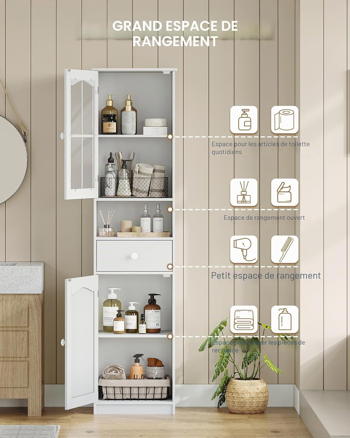 Thumbnail 6 de Hzuaneri Meuble Salle de Bain SC10003X : Armoire haute blanche à porte vitrée et tiroir
