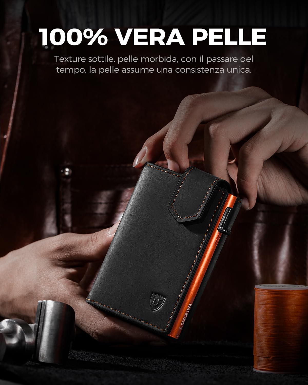 Thumbnail 2 de LORZOR portafoglio uomo slim in vera pelle con RFID e porta monete pop-up (contenere 10 carte) con chiusura magnetica