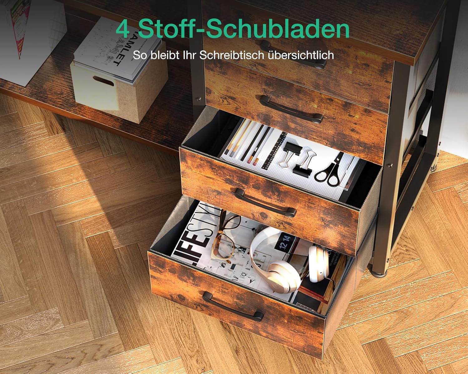 Thumbnail 4 de ODK Bureau d'angle réversible avec tiroirs 135x110 cm – Brun vintage, USB, LED et rangement