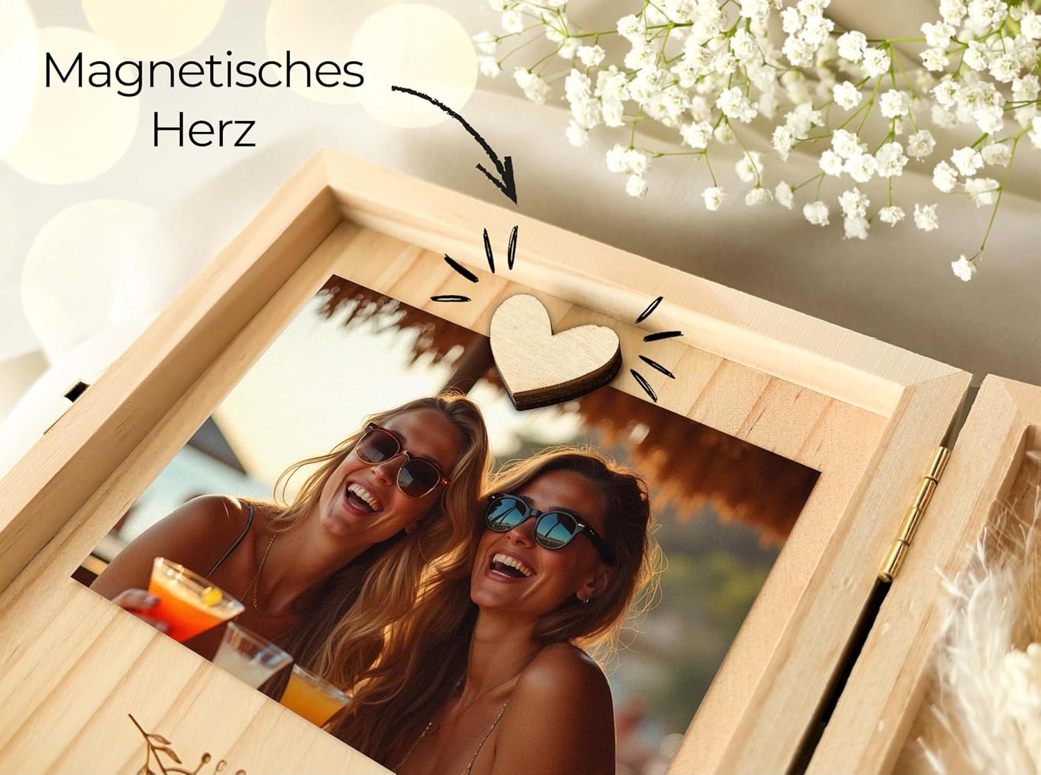 Detalle de Joli Coon Geschenkbox für Freundinnen – Glück ist es eine Freundin wie Dich zu haben, Holzbox 14 × 14 × 3 cm