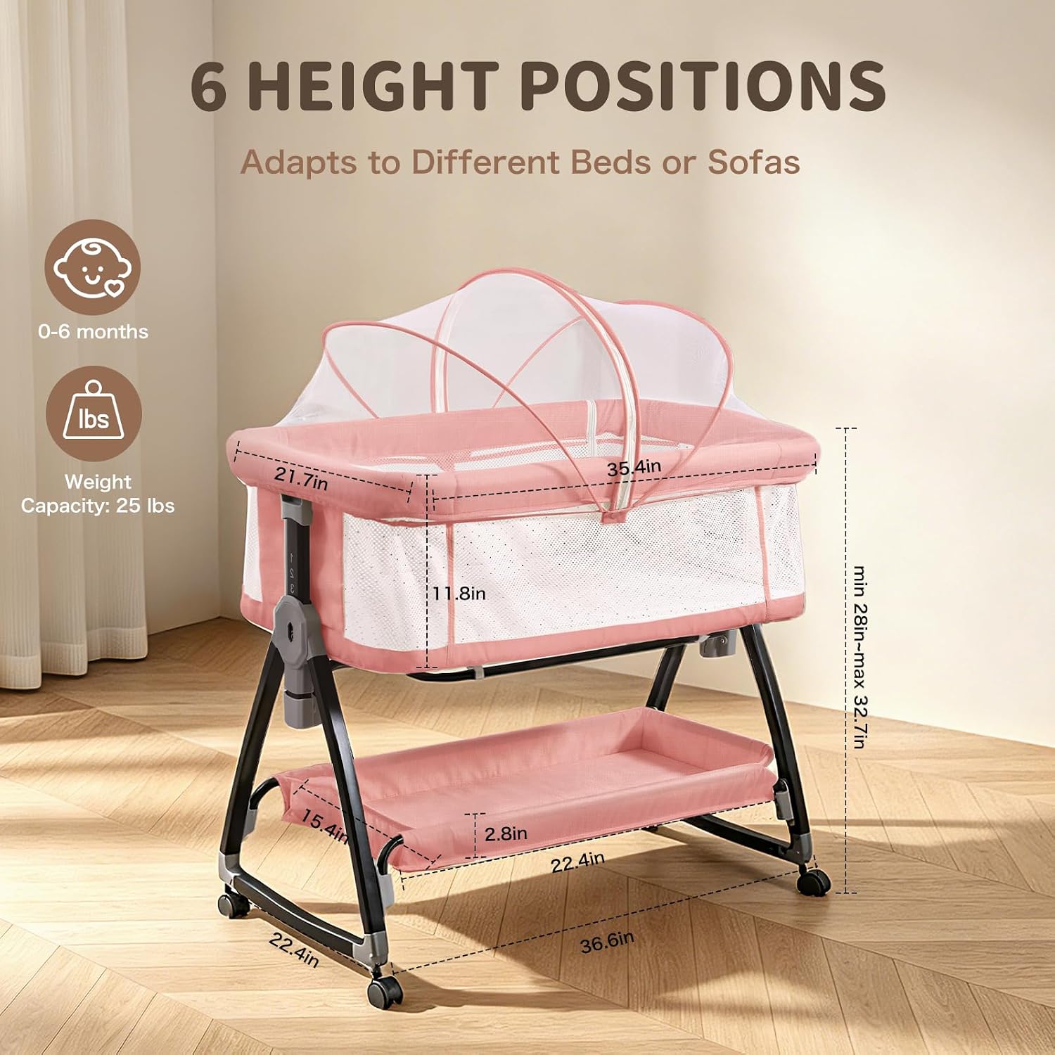 Detalle de Mudite BB-858 3-in-1 Bedside Bassinet with 6 Height Settings