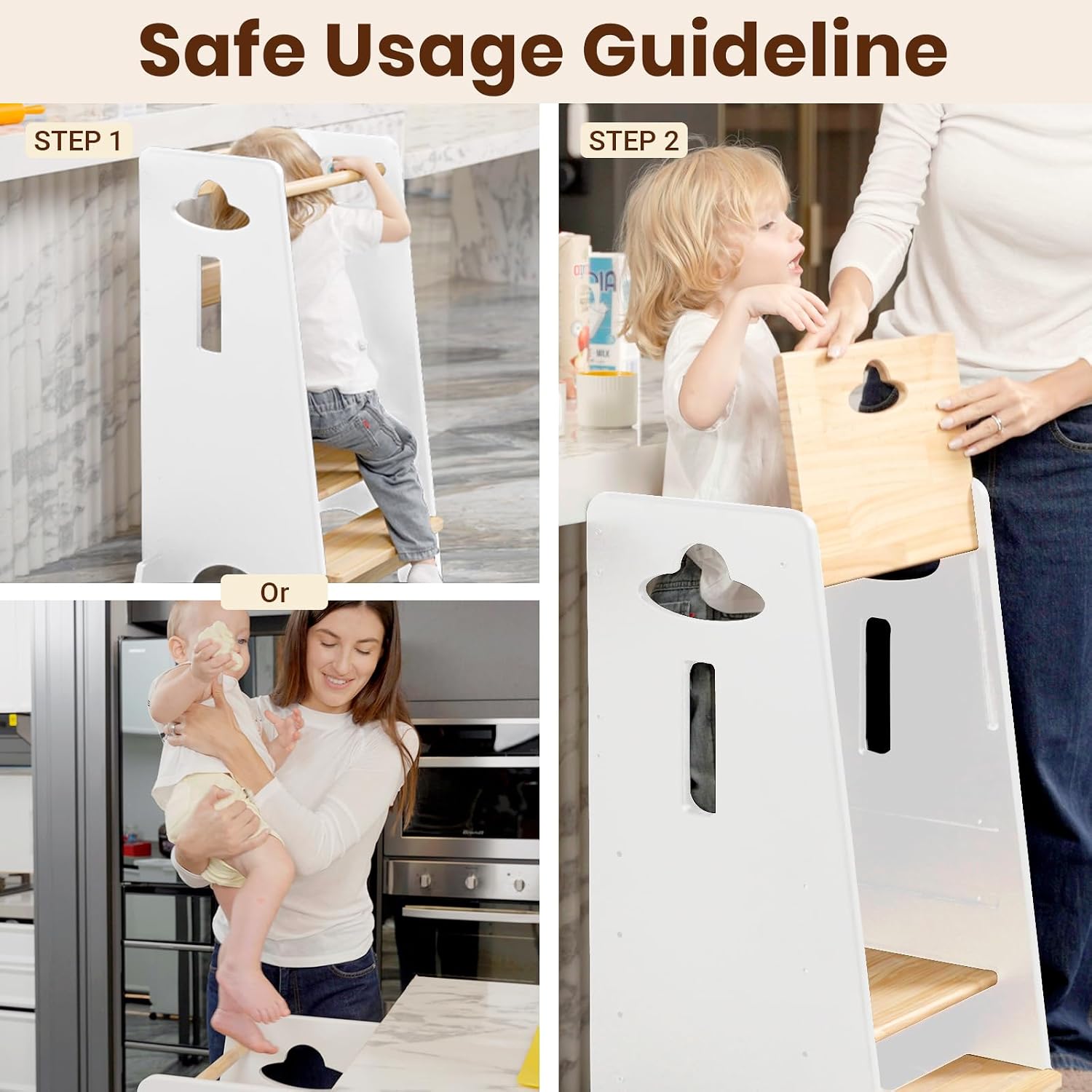 Thumbnail 5 de COSYLAND Toddler Standing Tower 3-Level Wooden Kitchen Stool