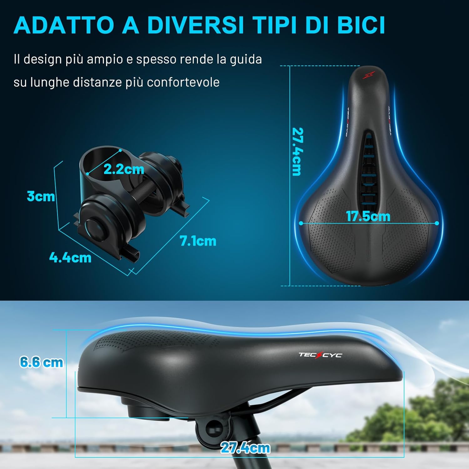 Thumbnail 4 de TECHCYC Sella per bicicletta in memory foam e gel, comoda e traspirante per strada, MTB e bici elettriche