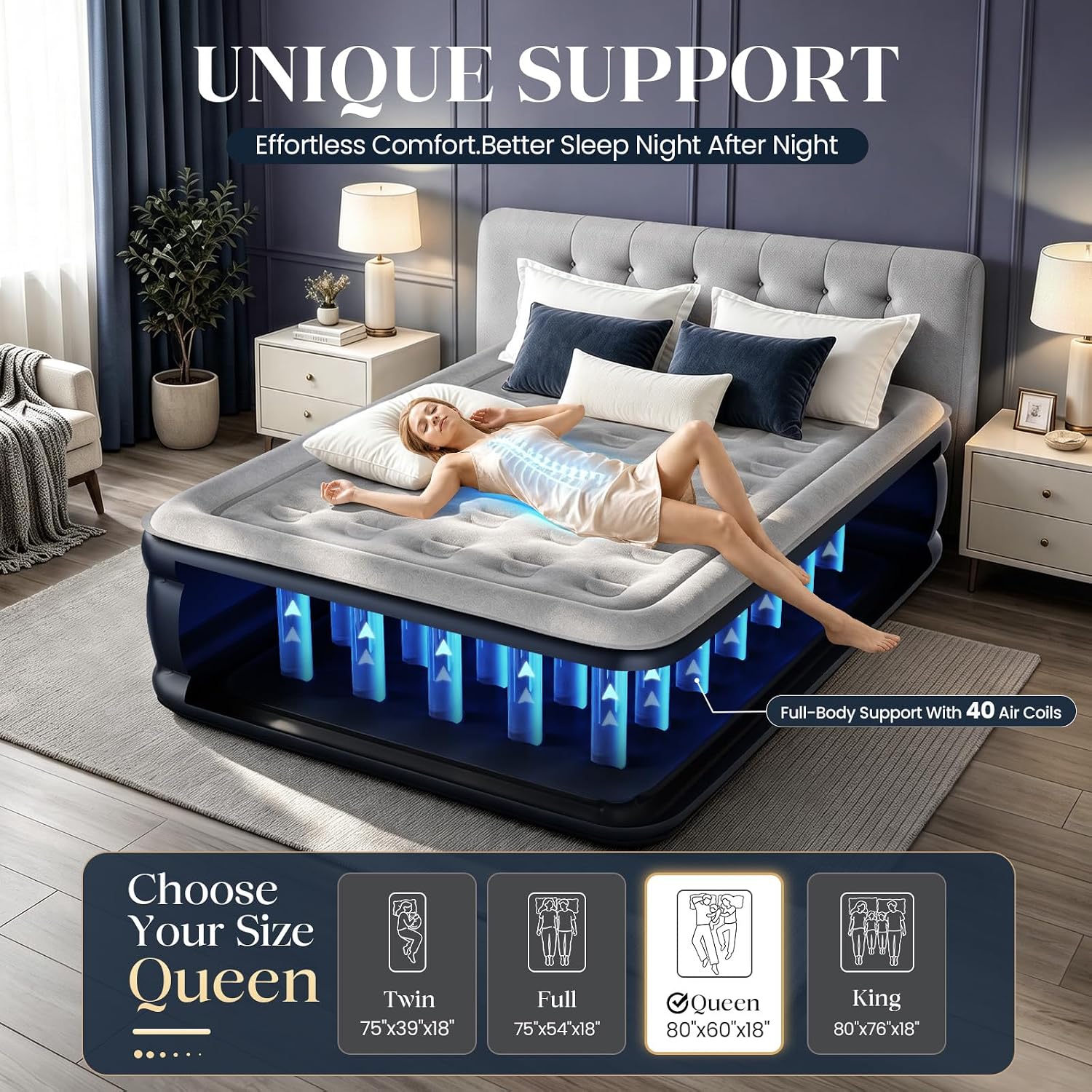 Detalle de KNZZO KZ-Blue-Q-6018 Queen Air Mattress, 18-Inch with Built-In Pump