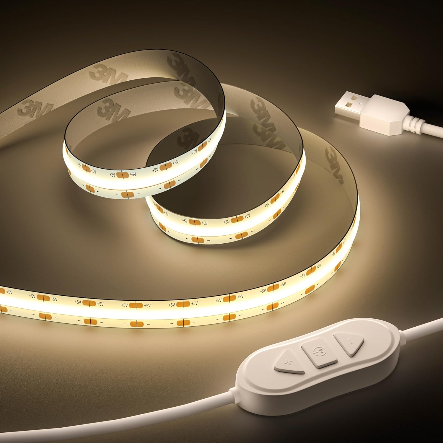 Detalle de OULARA USB COB LED Streifen 5V (4000K, 3 m) dimmbar mit Speicherfunktion – warmweiß/natürliches Weiß