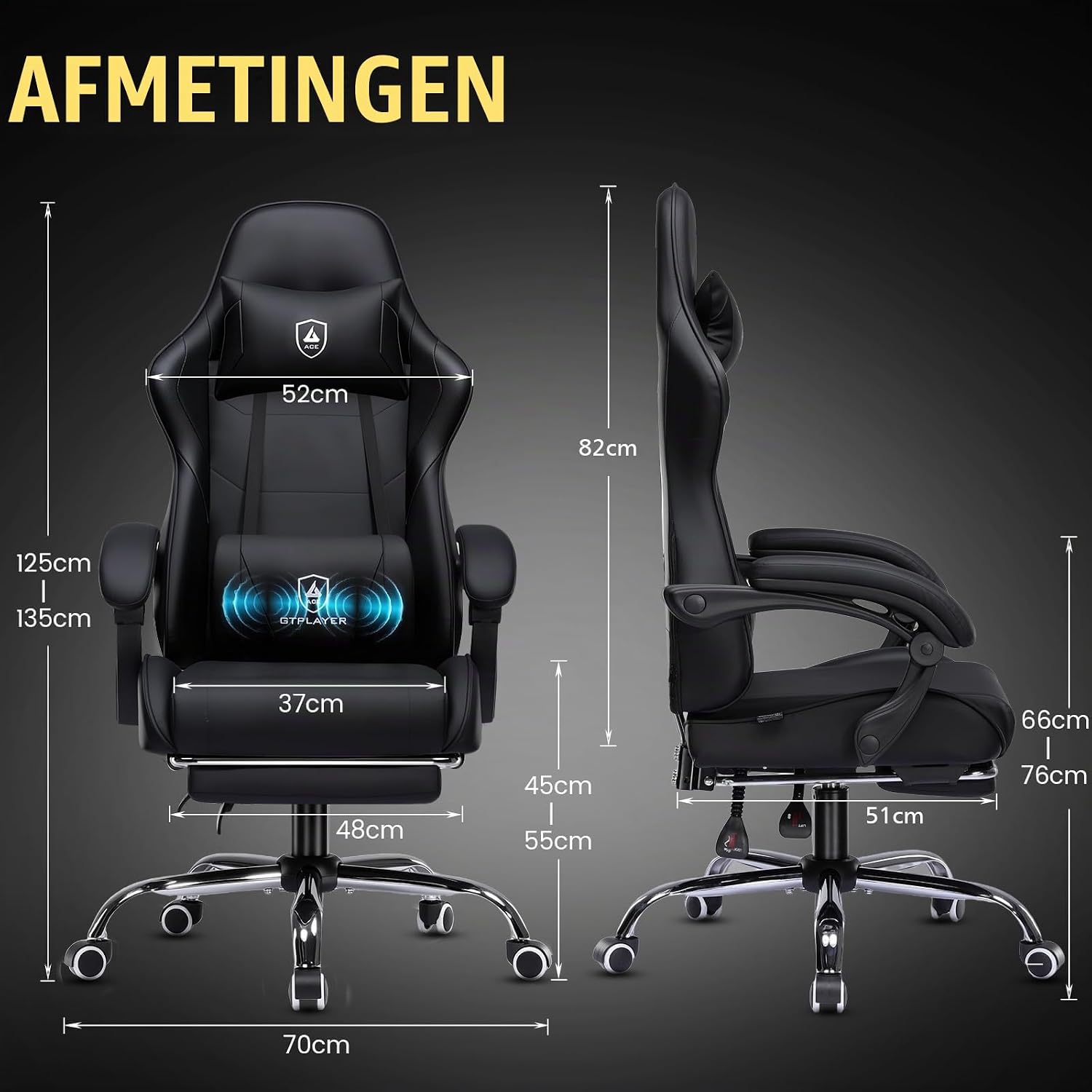 Detalle de GTPLAYER WDJ01-BLK gamingstoel met massage-lendensteun, voetensteun en zwart design