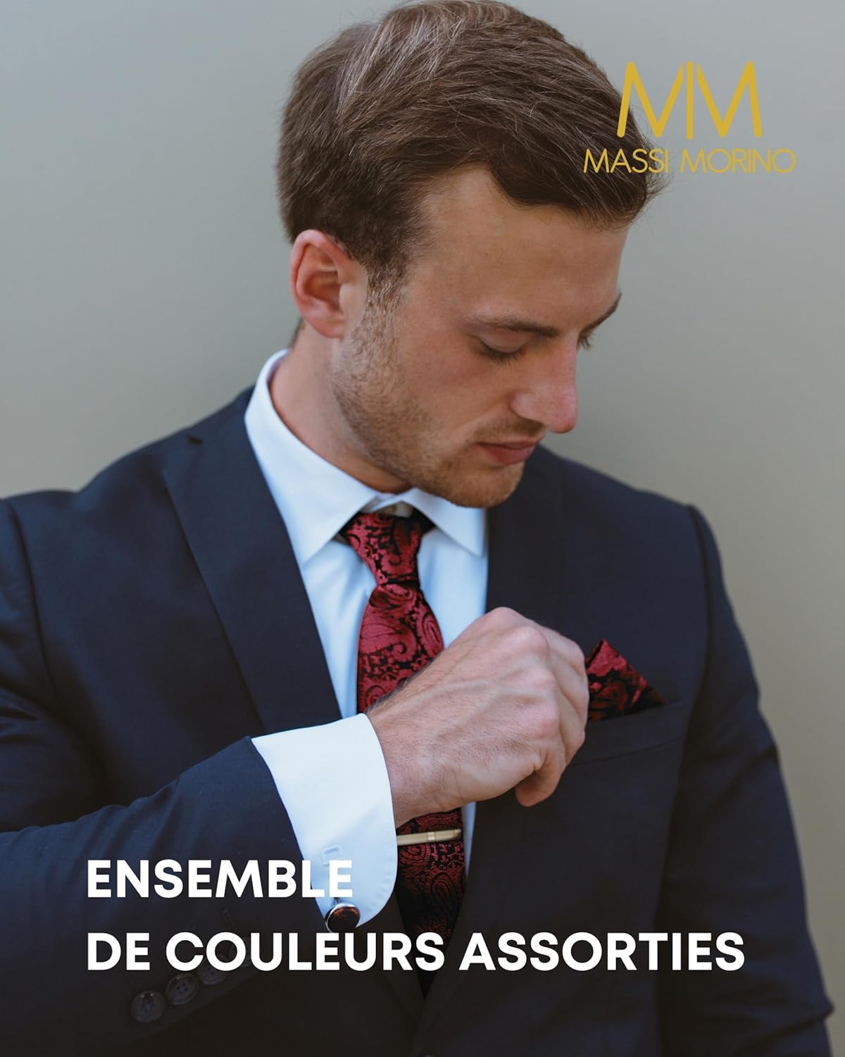 Thumbnail 2 de Massi Morino Cravate Homme avec mouchoirs de poche, boutons de manchette et pinces à cravate – Coffret cadeau