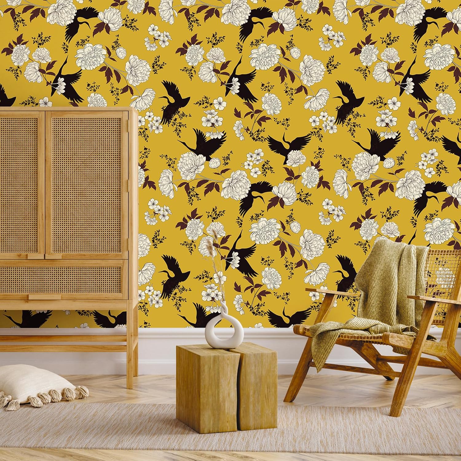 Detalle 2 de VEELIKE Vintage Yellow Floral Wallpaper 44.5×300cm 📐