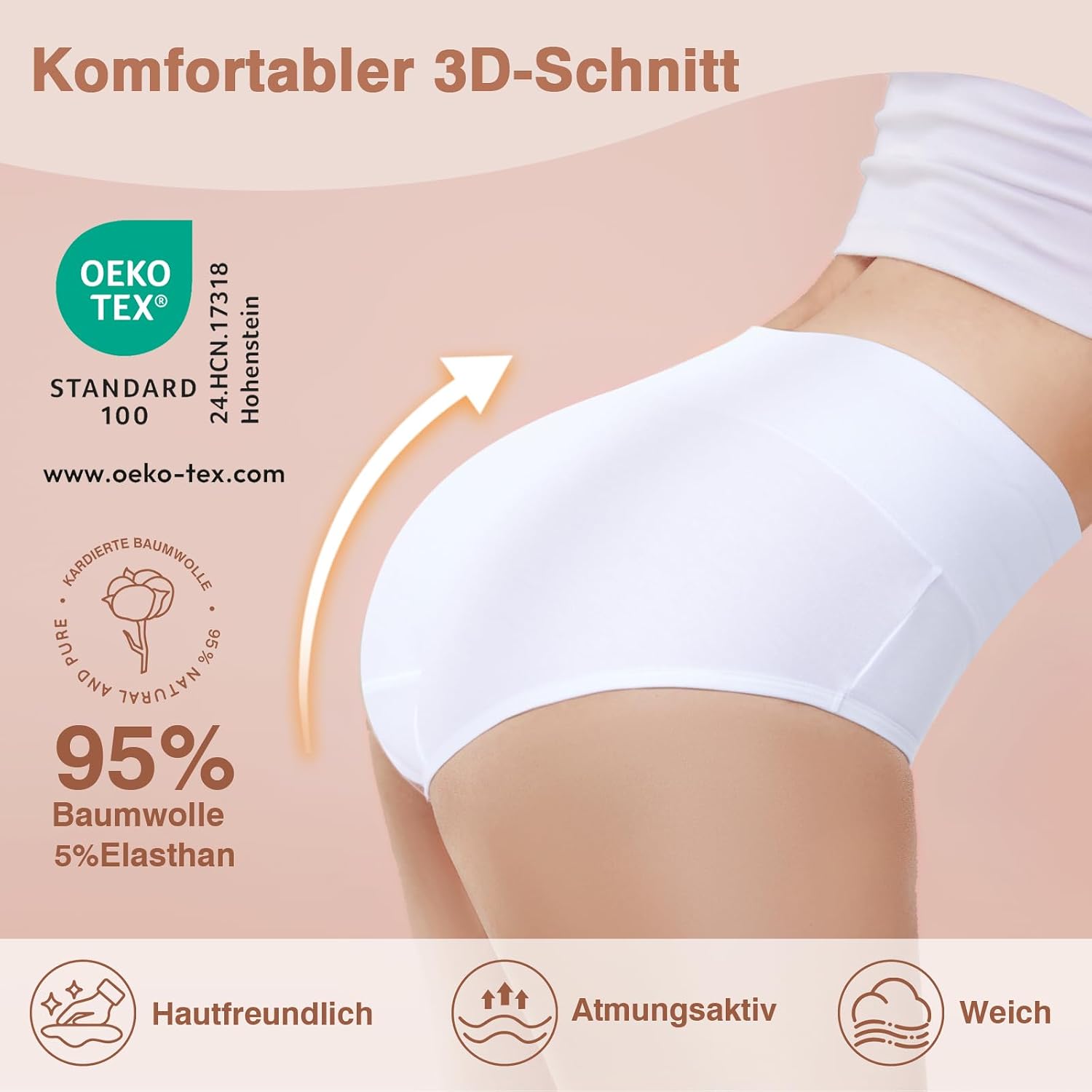 Detalle de QINCAO Damen-Unterhosen im 6er-Set mit hoher Taille aus Baumwolle (Stretch, atmungsaktiv)