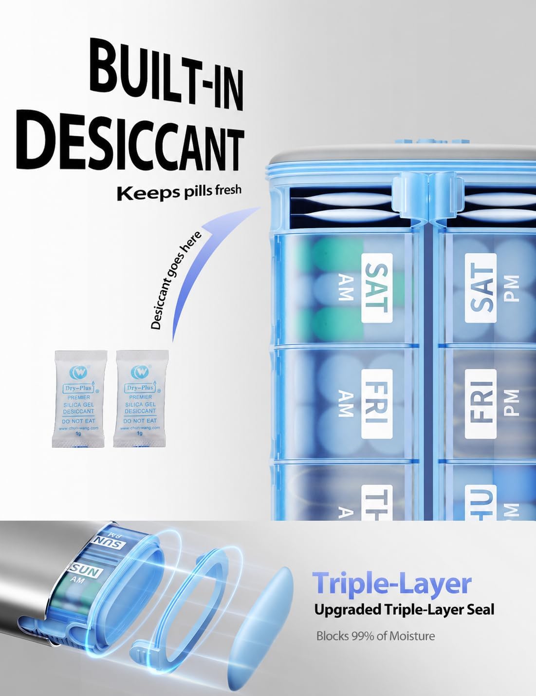 Detalle 2 de Vaydeer Large Metal AM/PM Pill Organizer, 7-Day, with Desiccant Seal
