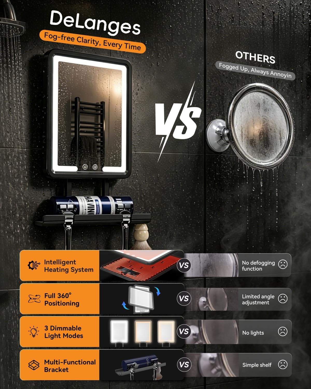 Detalle 2 de DeLanges Heated Fogless LED Shower Mirror with 3 Dimmable Lights, Rechargeable Battery & Drill-Free Mount