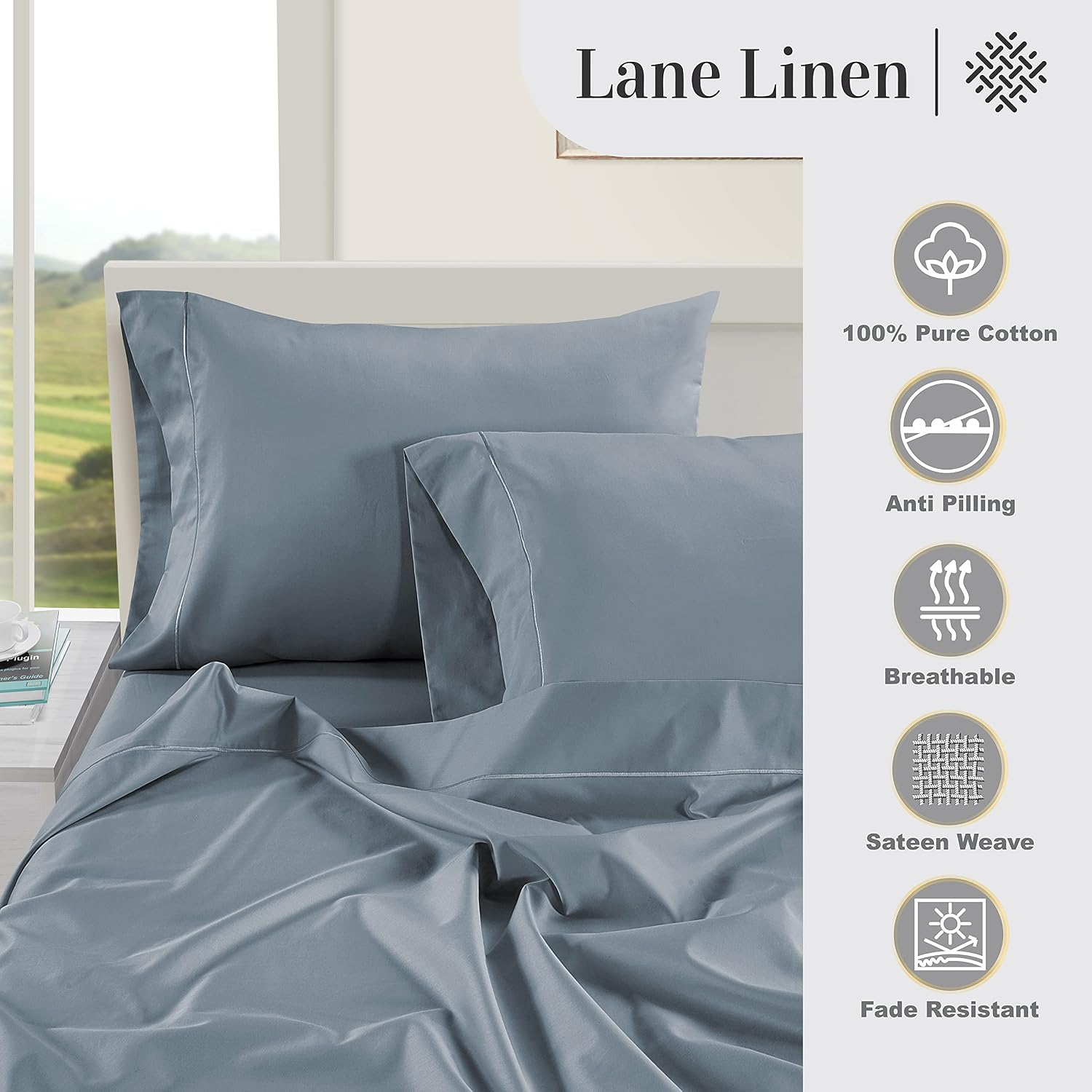 Thumbnail 4 de LANE LINEN 1000TC4PCSOECKSS-FBL King Sheet Set, 1000 TC Egyptian Cotton
