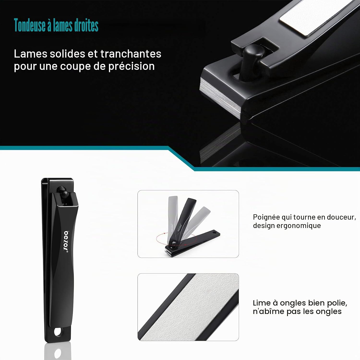 Detalle de BEZOX Lot de 3 Coupe-ongles en acier inoxydable – tailles 83/57/60 mm avec lime intégrée